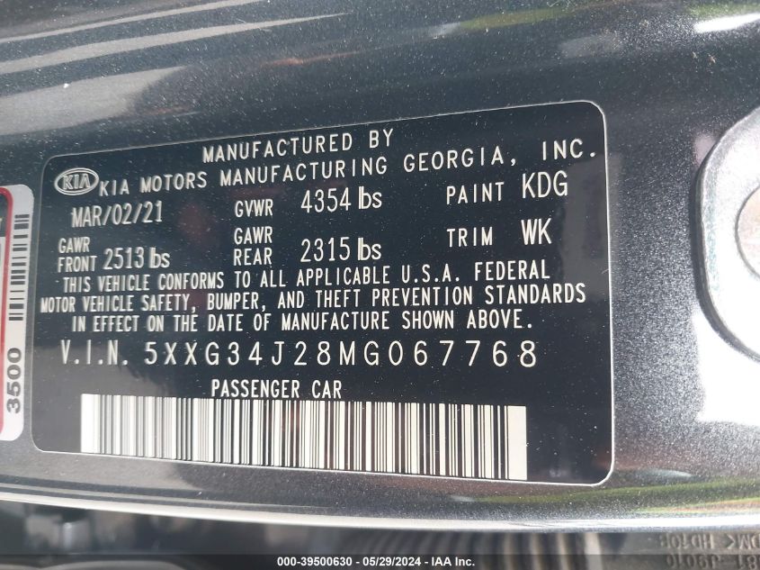 2021 Kia K5 Ex VIN: 5XXG34J28MG067768 Lot: 39500630