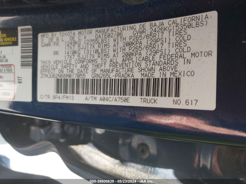 2006 Toyota Tacoma Prerunner V6 VIN: 3TMJU62N66M017055 Lot: 39500639