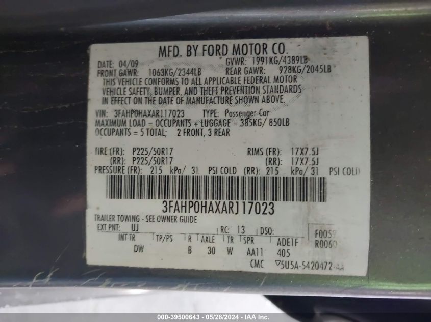 2010 Ford Fusion Se VIN: 3FAHP0HAXAR117023 Lot: 39500643