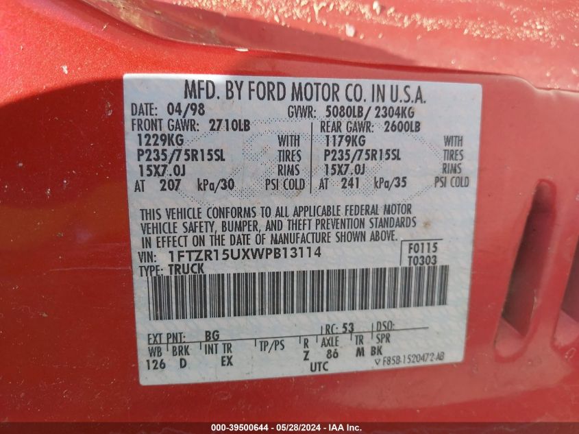 1998 Ford Ranger Splash/Xl/Xlt VIN: 1FTZR15UXWPB13114 Lot: 39500644