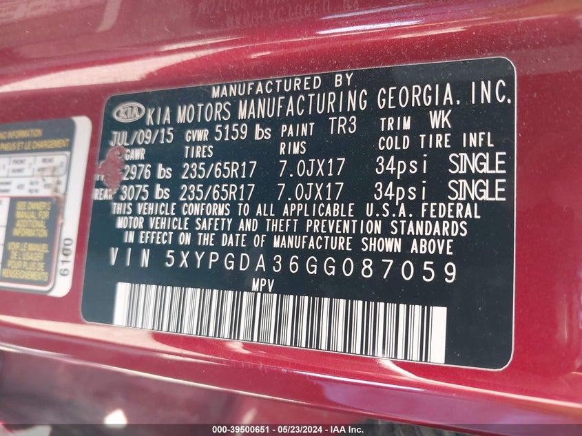 2016 Kia Sorento 2.4L Lx VIN: 5XYPGDA36GG087059 Lot: 39500651
