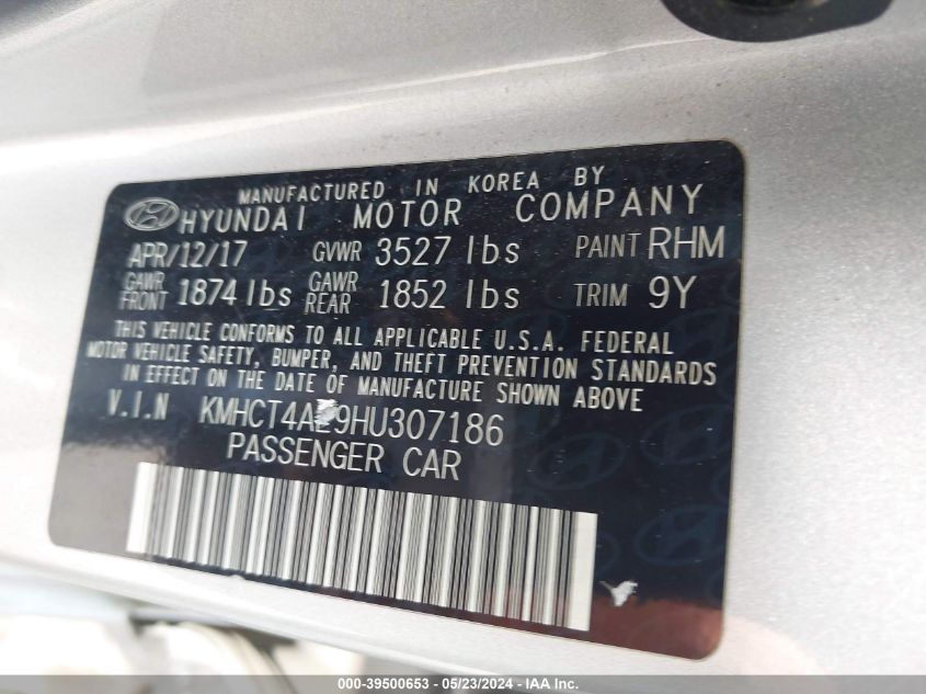 2017 Hyundai Accent Se VIN: KMHCT4AE9HU307186 Lot: 39500653