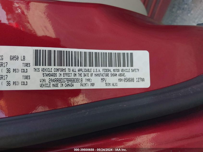 2011 Chrysler Town & Country Touring-L VIN: 2A4RR8DG7BR683918 Lot: 39500658