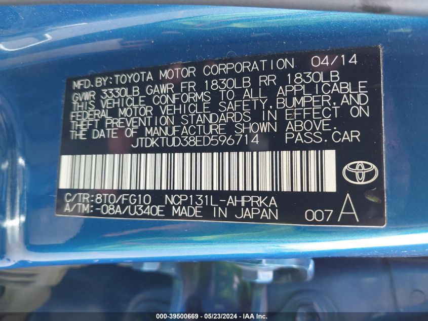 2014 Toyota Yaris L (Tmc/Cbu Plant) VIN: JTDKTUD38ED596714 Lot: 39500669