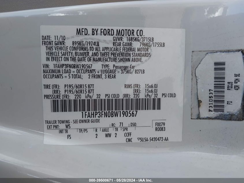 2011 Ford Focus Se VIN: 1FAHP3FN0BW190567 Lot: 39500671