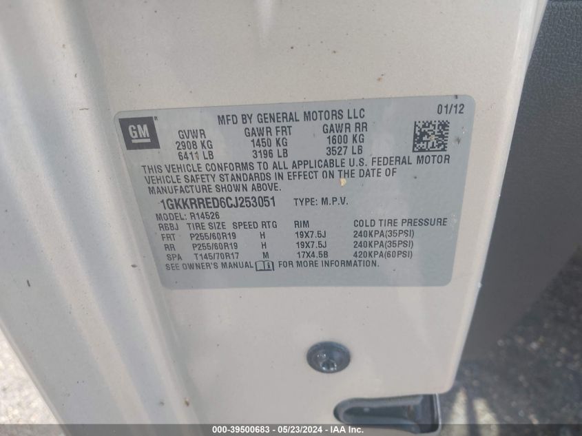 2012 GMC Acadia Slt-1 VIN: 1GKKRRED6CJ253051 Lot: 39500683