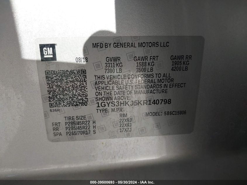 2019 Cadillac Escalade Esv Luxury VIN: 1GYS3HKJ5KR140798 Lot: 39500693