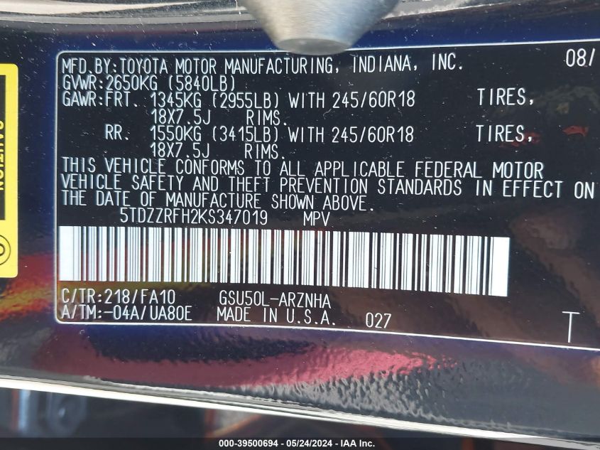 2019 Toyota Highlander Le Plus VIN: 5TDZZRFH2KS347019 Lot: 39500694