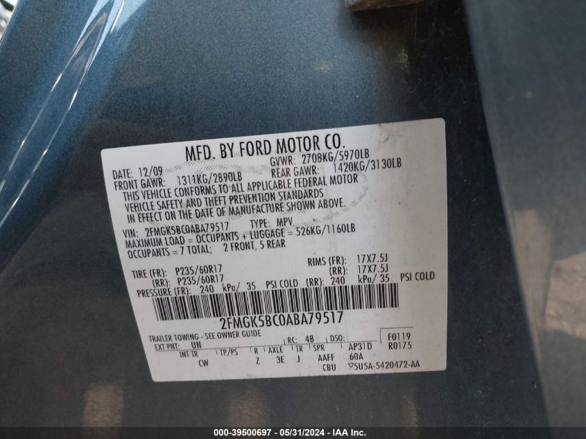 2010 Ford Flex Se VIN: 2FMGK5BC0ABA79517 Lot: 39500697