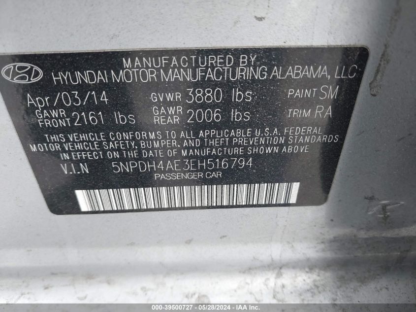 2014 Hyundai Elantra Se VIN: 5NPDH4AE3EH516794 Lot: 39500727