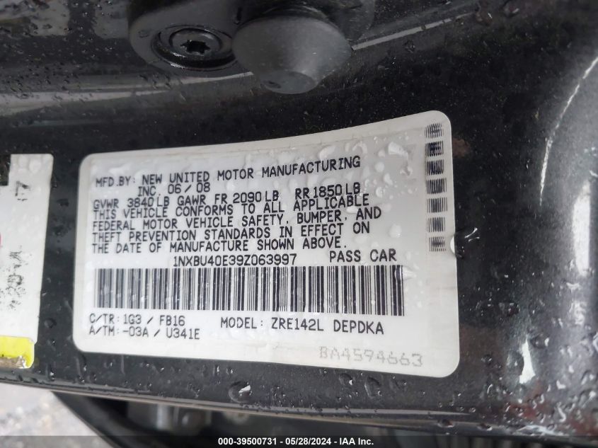 2009 Toyota Corolla Le VIN: 1NXBU40E39Z063997 Lot: 39500731