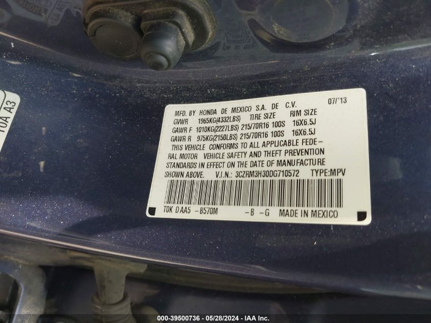 2013 Honda Cr-V Lx VIN: 3CZRM3H30DG710572 Lot: 39500736