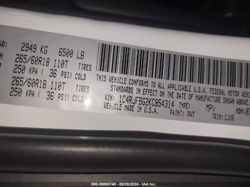 2019 Jeep Grand Cherokee Limited 4X4 VIN: 1C4RJFBG2KC854314 Lot: 39500740