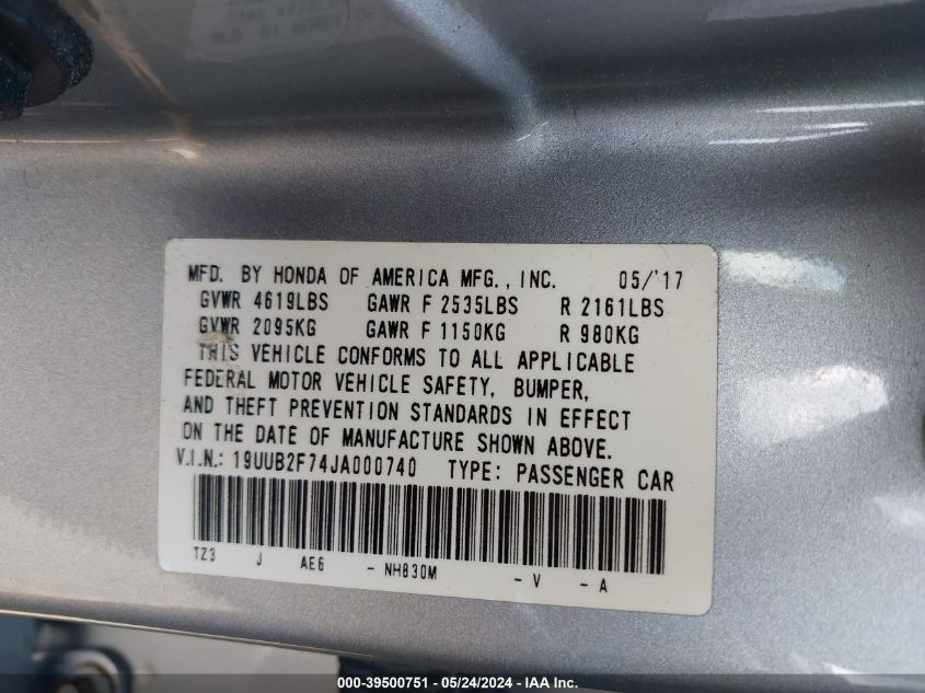 2018 Acura Tlx Advance Pkg VIN: 19UUB2F74JA000740 Lot: 39500751