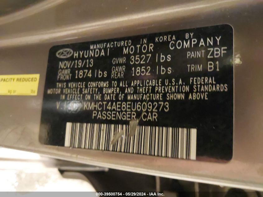 2014 Hyundai Accent Gls VIN: KMHCT4AE8EU609273 Lot: 39500754