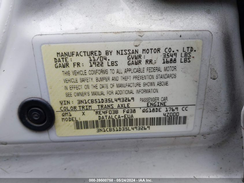 2005 Nissan Sentra 1.8 VIN: 3N1CB51D35L493269 Lot: 39500758