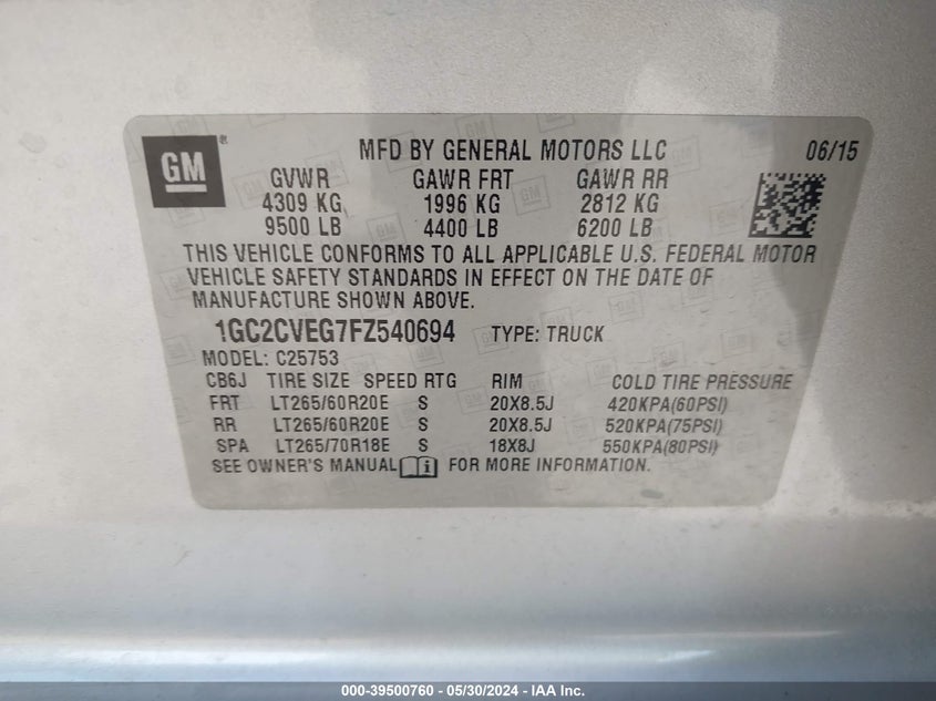 2015 Chevrolet Silverado 2500Hd Lt VIN: 1GC2CVEG7FZ540694 Lot: 39500760