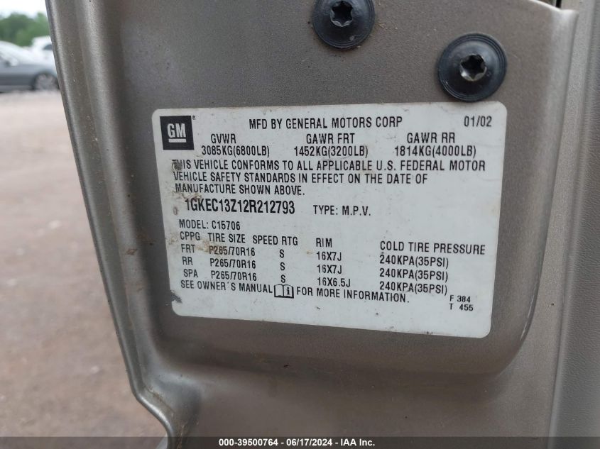 2002 GMC Yukon Slt VIN: 1GKEC13Z12R212793 Lot: 39500764