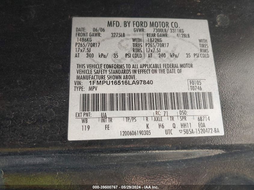 2006 Ford Expedition Xlt/Xlt Sport VIN: 1FMPU16516LA97840 Lot: 39500767