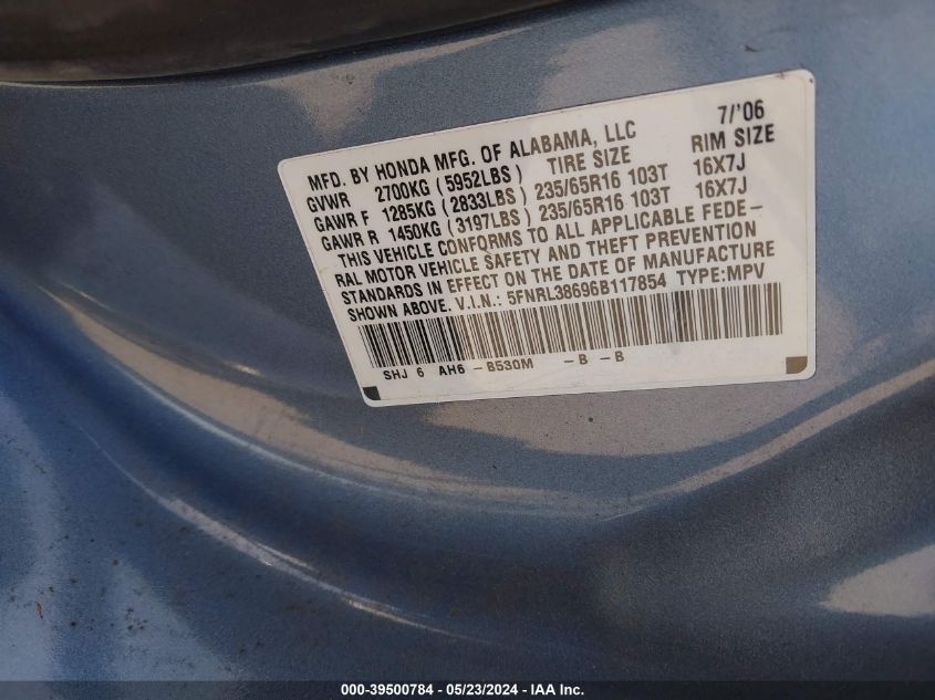 2006 Honda Odyssey Ex-L VIN: 5FNRL38696B117854 Lot: 39500784