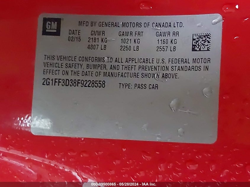 2015 Chevrolet Camaro 2Lt VIN: 2G1FF3D38F9228558 Lot: 39500865