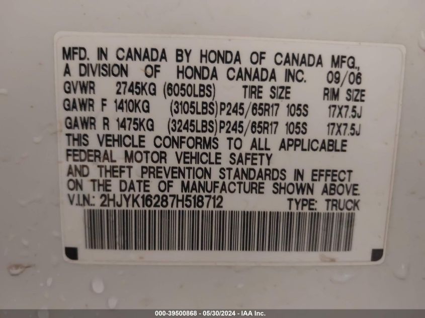 2HJYK16287H518712 2007 Honda Ridgeline Rt