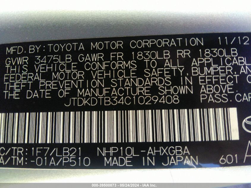 2012 Toyota Prius C VIN: JTDKDTB34C1029408 Lot: 39500873