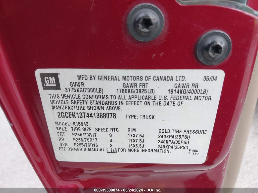 2004 Chevrolet Silverado 1500 Z71 VIN: 2GCEK13T441388078 Lot: 39500874