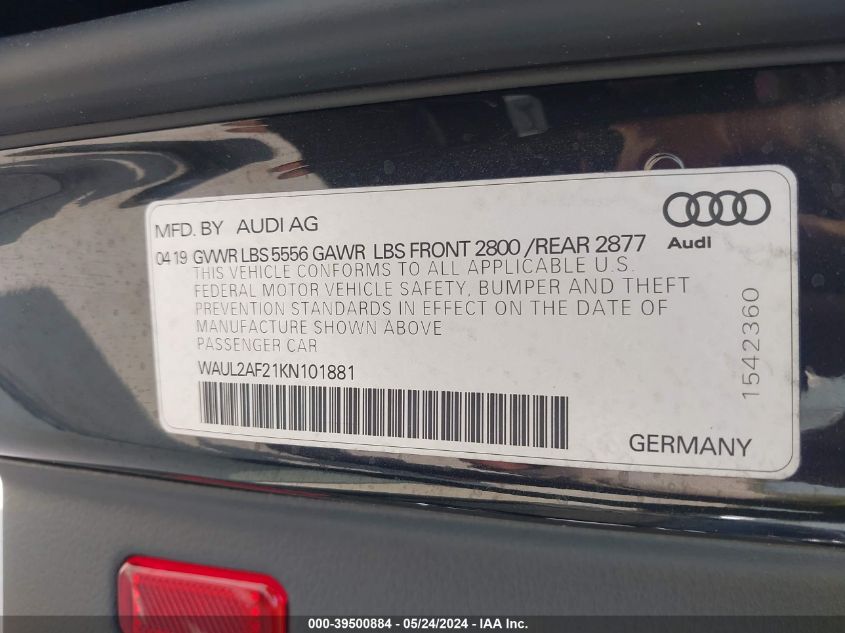 2019 Audi A6 55 Premium VIN: WAUL2AF21KN101881 Lot: 39500884