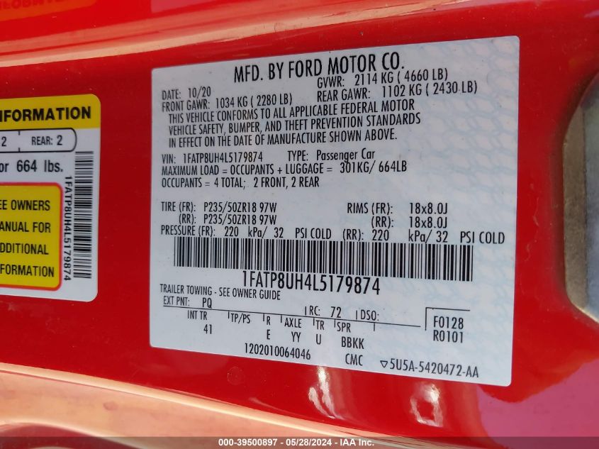 2020 Ford Mustang Ecoboost Premium VIN: 1FATP8UH4L5179874 Lot: 39500897