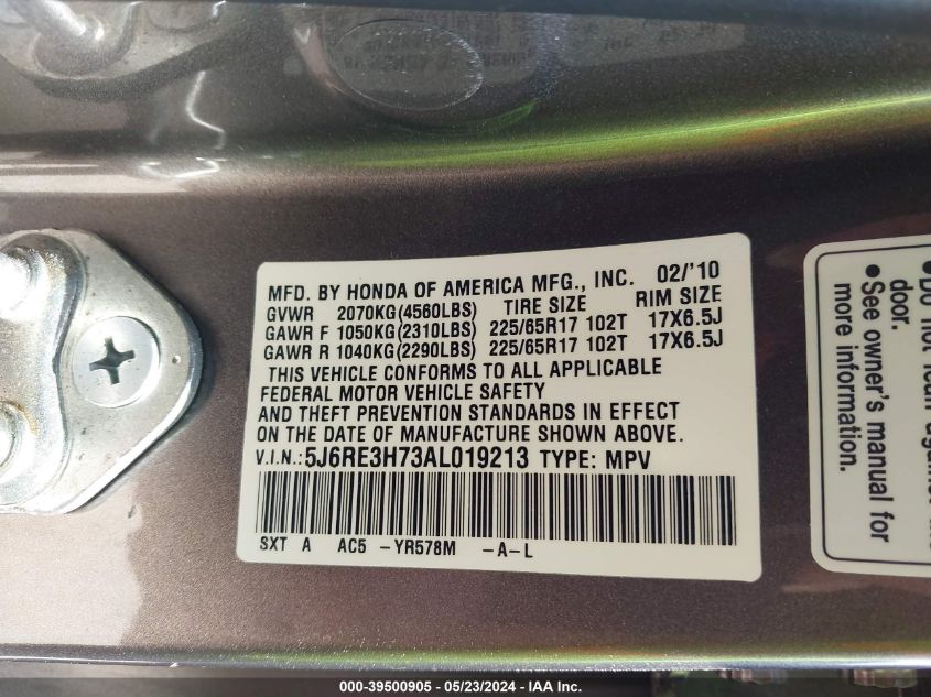 2010 Honda Cr-V Ex-L VIN: 5J6RE3H73AL019213 Lot: 39500905