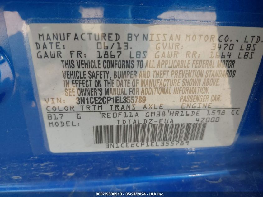 2014 Nissan Versa Note Sv VIN: 3N1CE2CP1EL355789 Lot: 39500910