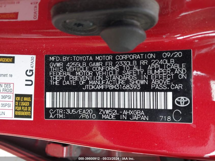 2021 Toyota Prius Prime Limited VIN: JTDKAMFP8M3168393 Lot: 39500912