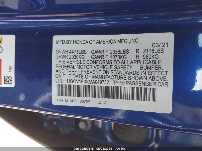 2021 Honda Accord Sport VIN: 1HGCV1F3XMA049732 Lot: 39500915