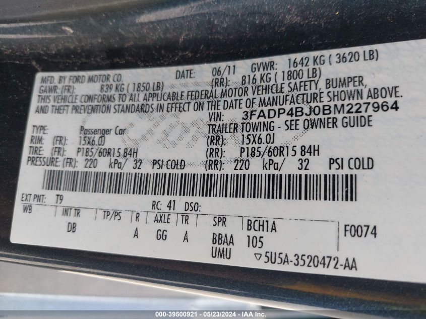 2011 Ford Fiesta Se VIN: 3FADP4BJ0BM227964 Lot: 39500921