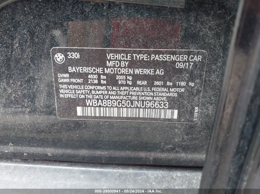 2018 BMW 330I VIN: WBA8B9G50JNU96633 Lot: 39500941