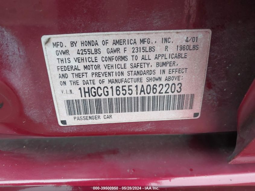 2001 Honda Accord 3.0 Ex VIN: 1HGCG16551A062203 Lot: 39500950