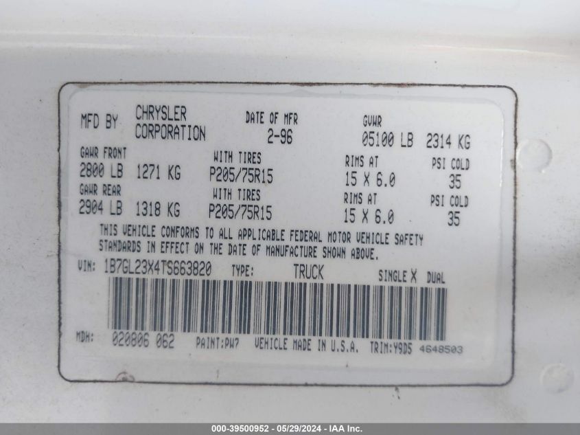 1996 Dodge Dakota VIN: 1B7GL23X4TS663820 Lot: 39500952