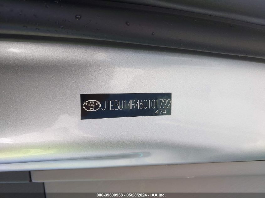 2006 Toyota 4Runner Sr5 V6 VIN: JTEBU14R460101722 Lot: 39500958