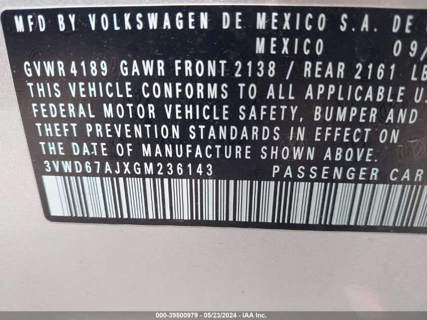 2016 Volkswagen Jetta 1.4T Se VIN: 3VWD67AJXGM236143 Lot: 39500979