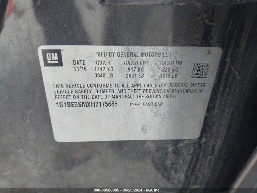 2017 Chevrolet Cruze Lt Auto VIN: 1G1BE5SMXH7175665 Lot: 39500985