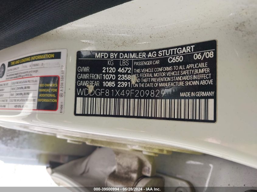 2009 Mercedes-Benz C 300 Luxury 4Matic/Sport 4Matic VIN: WDDGF81X49F209829 Lot: 39500994