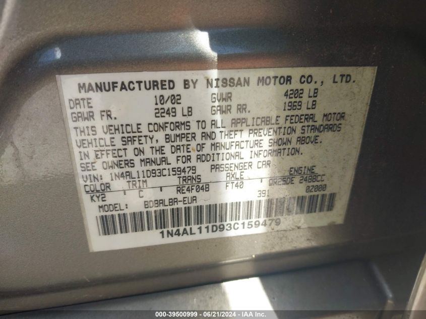 2003 Nissan Altima 2.5 Sl VIN: 1N4AL11D93C159479 Lot: 39500999