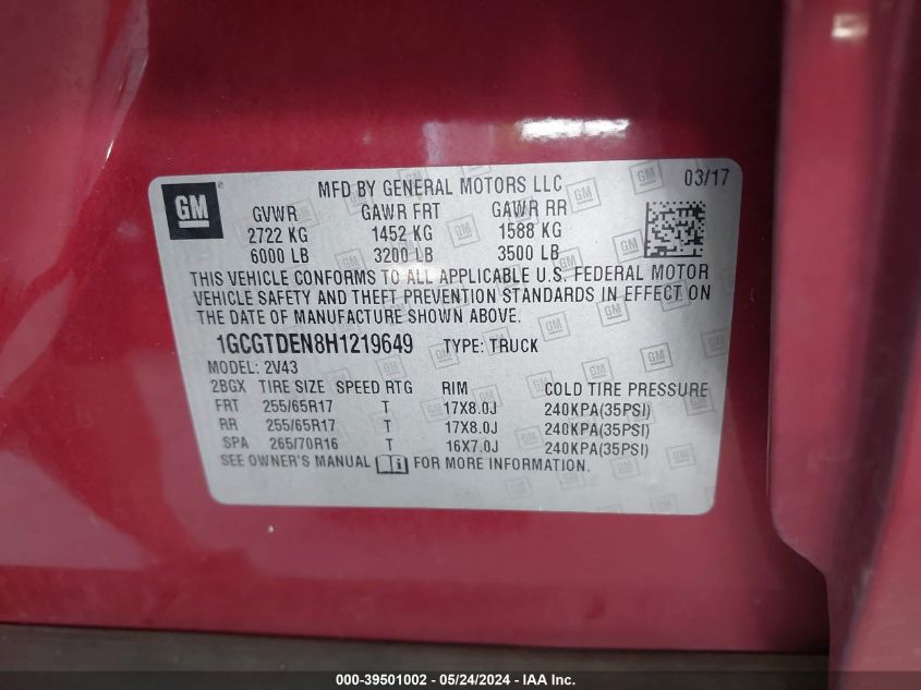 2017 Chevrolet Colorado Z71 VIN: 1GCGTDEN8H1219649 Lot: 39501002