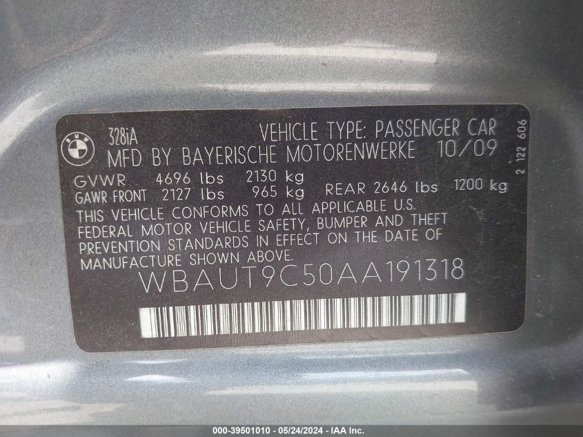 2010 BMW 328I VIN: WBAUT9C50AA191318 Lot: 39501010