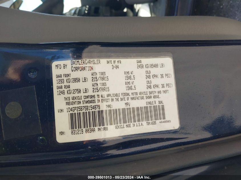 2005 Dodge Caravan Se VIN: 1D4GP25B75B154879 Lot: 39501013