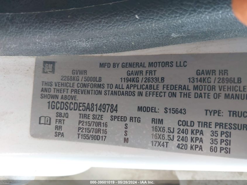 2010 Chevrolet Colorado Lt VIN: 1GCDSCDE5A8149784 Lot: 39501019