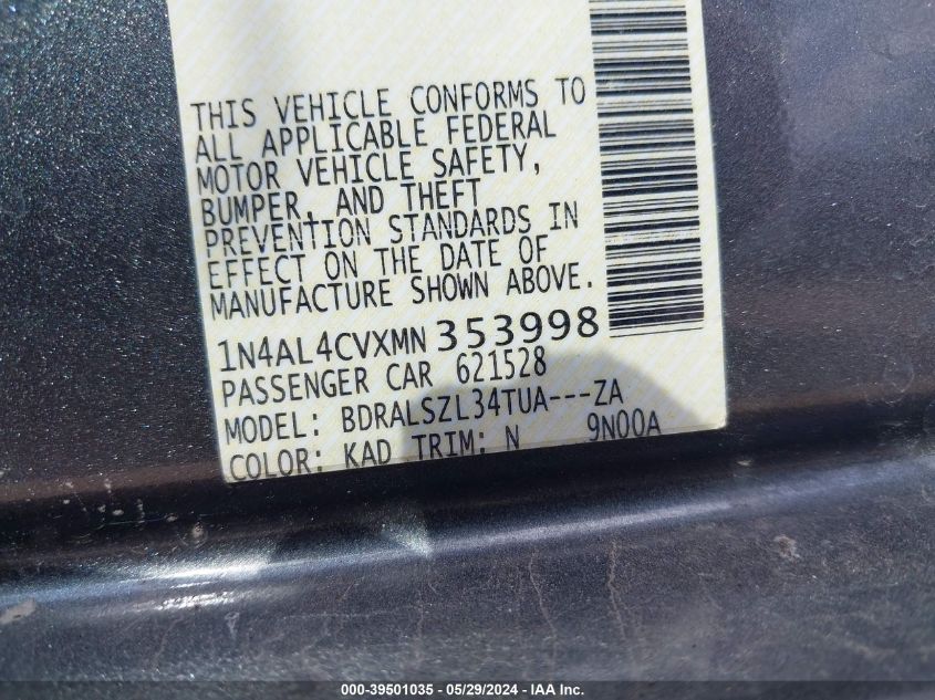 2021 Nissan Altima Sr Vc-Turbo Fwd VIN: 1N4AL4CVXMN353998 Lot: 39501035