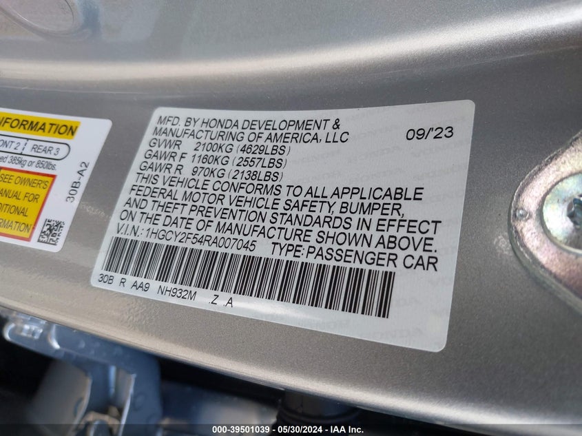 VIN 1HGCY2F54RA007045 2024 HONDA ACCORD HYBRID SPORT