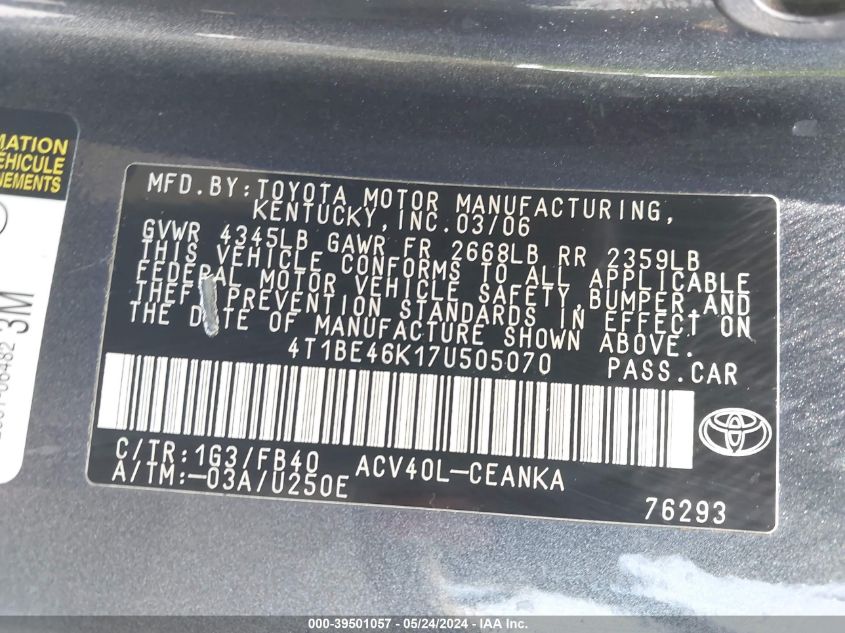 2007 Toyota Camry Le VIN: 4T1BE46K17U505070 Lot: 39501057